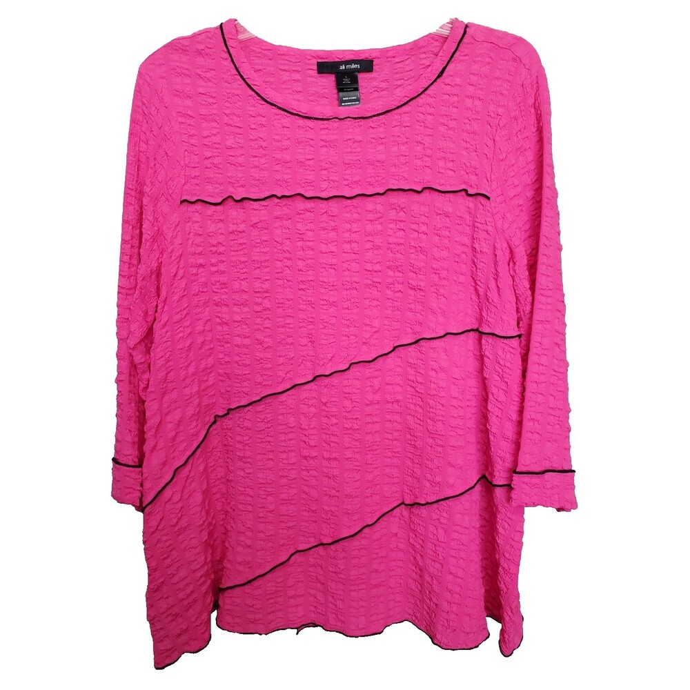Ali Miles Pink Textured with Black Piping 3/4 Sleeve Tunic Size Large